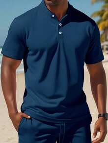 Manfinity Dauomo Setelan Kasual Pria: Kemeja Polo Lengan Pendek Warna Polos dan Celana Pendek - Navy Blue - View 3