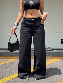 Coolane 女款秋季街頭風外出演唱會 Y2K 牛仔女郎休閒復古水洗鉚釘寬腿牛仔褲 低腰棉質香蕉哈倫褲 - 黑色 - 查看 4