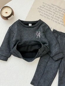SHEIN 女嬰針織純色字母寬鬆休閒衛衣與長褲 2 件套 秋冬款 - 深灰色 - 查看 3