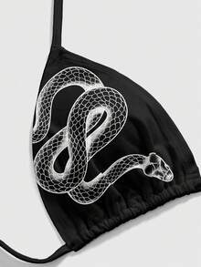 ROMWE Goth 哥德風暗黑美學性感蛇紋動物印花黑色掛脖女款沙灘上衣 - 黑色 - 查看 3