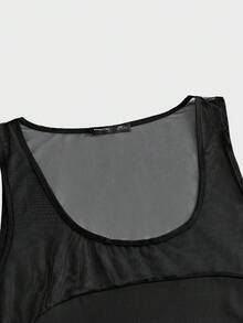 FeverCity Men's Solid Color Contrast Mesh Crew Neck Casual Tank Top - Black - View 6