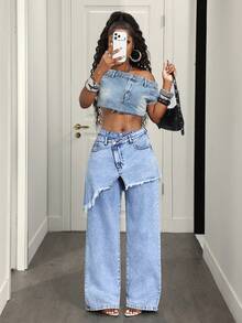 BamGleam Casual Y2k 2000s Comfortable Wrap Women's Jeans Night Out Aqua Blue Summer - Blue - View 7