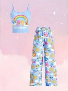 SHEIN X Care Bears 女士卡通图案吊带背心和松紧腰裤睡衣套装 - 藍色 - 查看 1