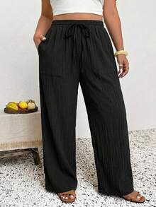 SHEIN Frenchy Damen-Freizeithose in großen Größen, lässiger Business-Boho-Stil, locker geschnitten, modische leichte schwarze Strandhose für den Urlaub, geeignet für Strandurlaub, Sommerkleidung für Damen, Business-Hose für Frauen, lässige Urlaubshose - Schwarz - Übersicht 6