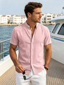 VENTUSAIL Men's Solid Colour Casual Short-Sleeve Shirt, Summer Vacation, Vintage Style For Men - Pink - View 6
