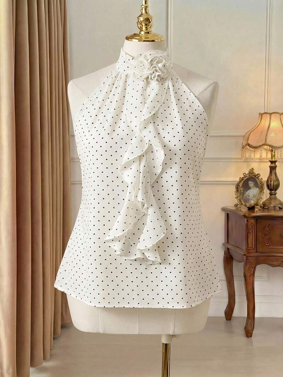 Rometta Plus Size Polka Dot Halter Neck Top With 3D Floral Ruffle Sleeveless Blouse - White - View 1