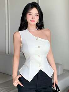 DAZY Women's Summer Autumn Asymmetric Shoulder Sleeveless Waist-Cinching Pearl Button Decor Solid Color Blouse - White - View 5