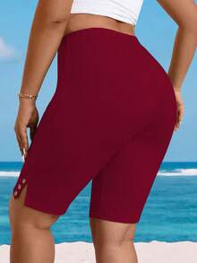 EMERY ROSE Pantalones cortos básicos de cintura alta con diseño de botones de unicolor para mujer de talla grande - Burdeos - Ver 2