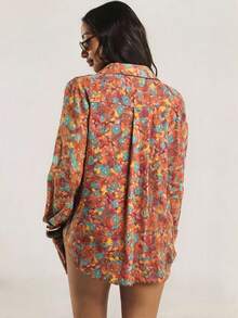 KSTM Floral Print Long Sleeve Button-Down Shirt Cover-Up Collared Oversized Beach Summer Vacation Top - Multicolor - View 6