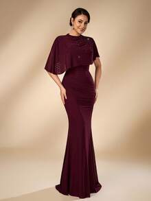 Aureia 2026 Nuovo Elegante Abito Lungo Rosso Angola Romantico in Rete Lussuoso con Decorazioni di Perline e Diamanti Arricciati Vestibilità Slim Bodycon per Donne Matrimoni Eventi Tutte le Occasioni Formali Sposa Madre Abito da Sera - Bordò - Visualizzare 6