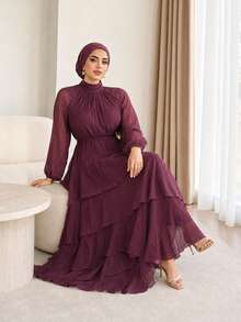 Solavon Plus Size Women's Elegant Dress With Stand Collar, Raglan Lantern Sleeves And Ruffle Hem Fall - Burgundy - View 6
