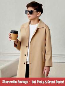 SHEIN Tween Boy Mid-Long Length Casual Lapel Loose Trench Coat, British Style Single-Breasted Holiday Beige Autumn - Khaki - View 1