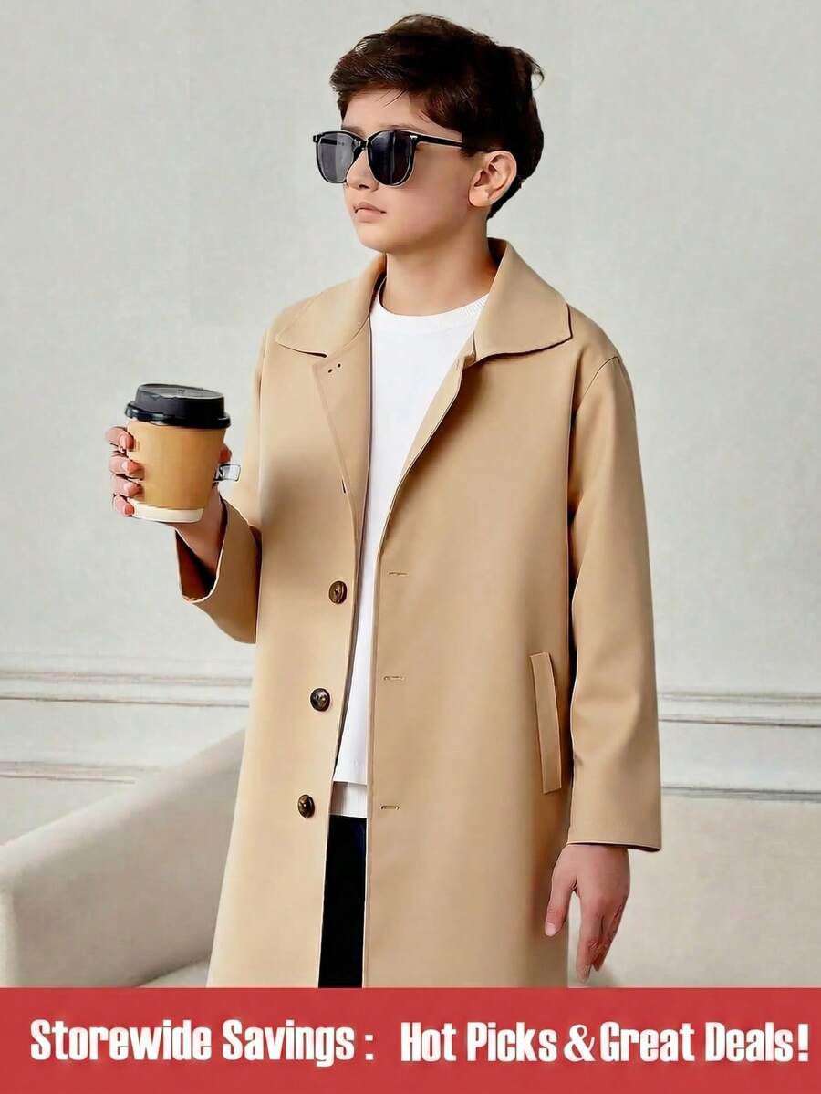 SHEIN Tween Boy Mid-Long Length Casual Lapel Loose Trench Coat, British Style Single-Breasted Holiday Beige Autumn - Khaki - View 1