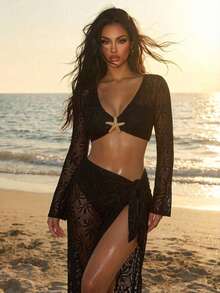 Bonvoyette 2026 New Women's Long Sleeve Two-Piece Cover Up Beach Bikini Cover-Up Sun Protection - Black - View 5