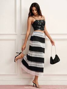 BELROSIE French Elegant 70's Women's Luxury Design Black And White Striped Checkered Contrast Lace Patchwork Straight Mid-Length Skirt Party Dinner Autumn - Black and White - View 6