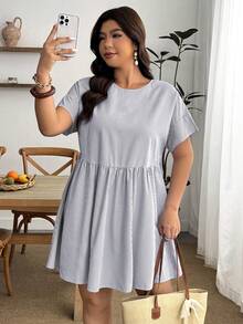 Enliva Plus Size Women's Spring/Summer Fashion Casual Soft Form Loose Comfortable Fresh Daily Versatile Slimming Navy Blue Short Sleeve Shirt Dress Vacation - Grey - View 3