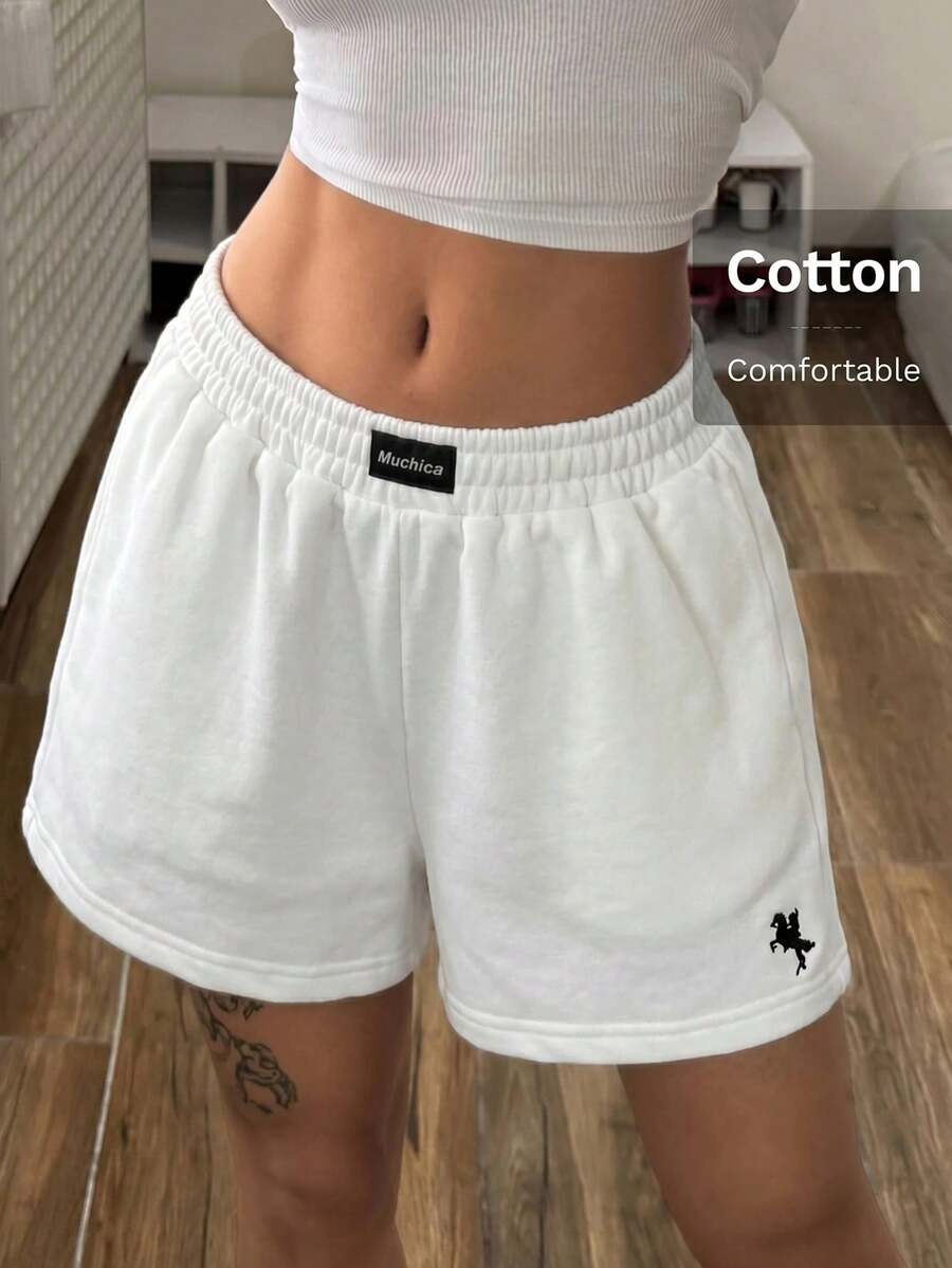 Muchica White Knit Women's Letter Embroidered Wide Leg Shorts Active Gym Summer Athleisure - White - View 1