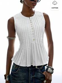 LYSMO 2026 New Arrive Minimalism Spring/Summer Women's Pleated Waist Sleeveless Linen Tank Top, Minimalist Casual, Vacation Style, Ruffle Simple Everyday - Beige - View 1