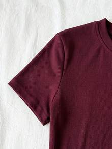 SHEIN Tween女孩純色休閒百搭日常短袖T恤 - 酒紅色 - 查看 6