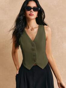 Poéselle Casual Chic Solid Color Minimalist Draped V-Neck Sleeveless Blazer With Decorative Button Details Teachers' Day Business Office Olive Green Summer - Green - View 4