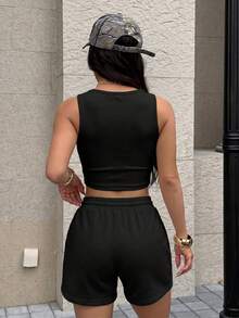 SHEIN EZwear 黑色針織女款無袖背心套裝 - 黑色 - 查看 2