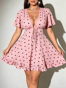 Viva Relle Plus Size Women Deep V-Neck Polka Dot Sexy Bowknot Dress - Pink - View 1