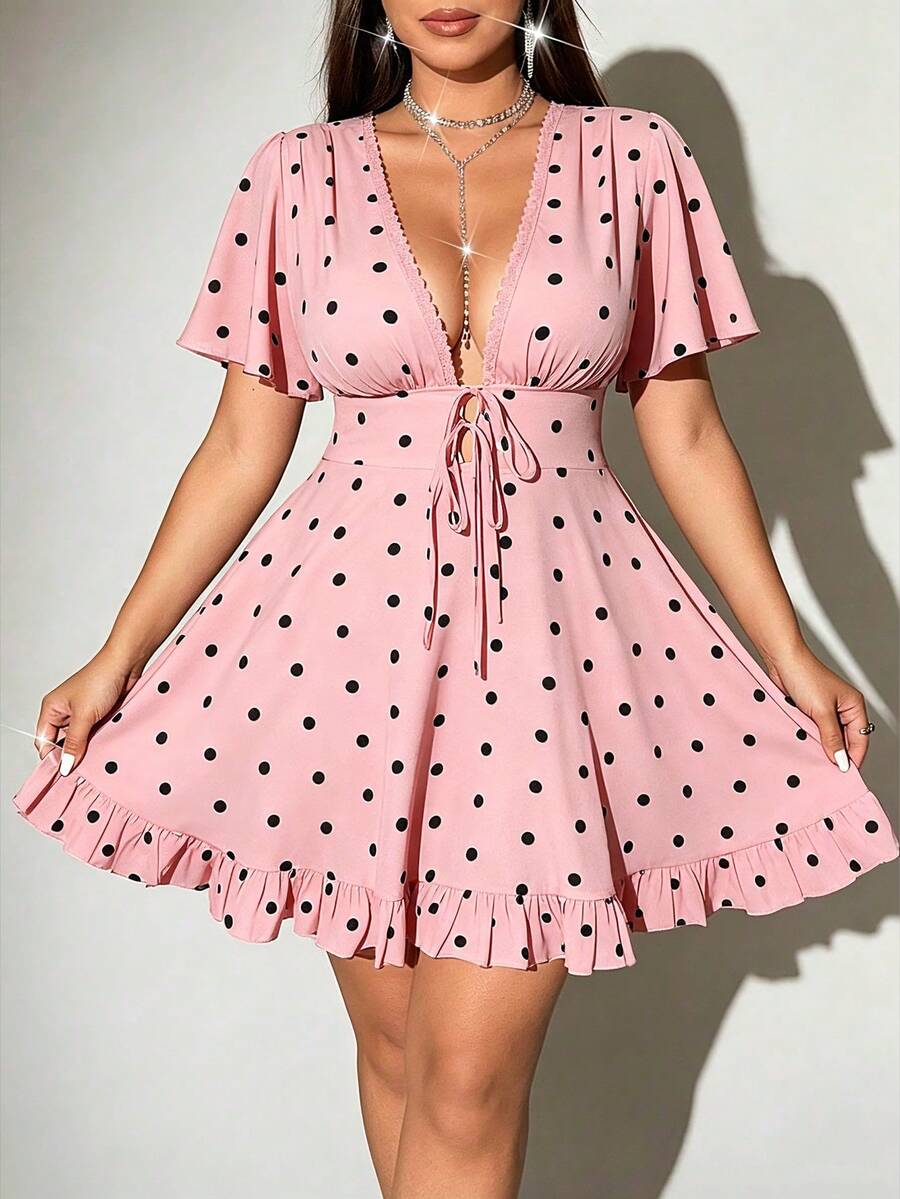 Viva Relle Plus Size Women Deep V-Neck Polka Dot Sexy Bowknot Dress - Pink - View 1