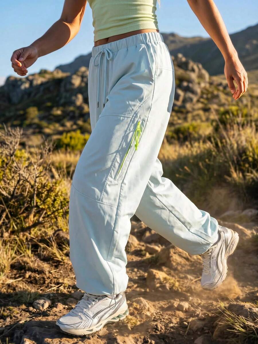 WanderVale Women's Drawstring Waist Zipper Design Casual Hiking Pants - Baby Blue - View 1