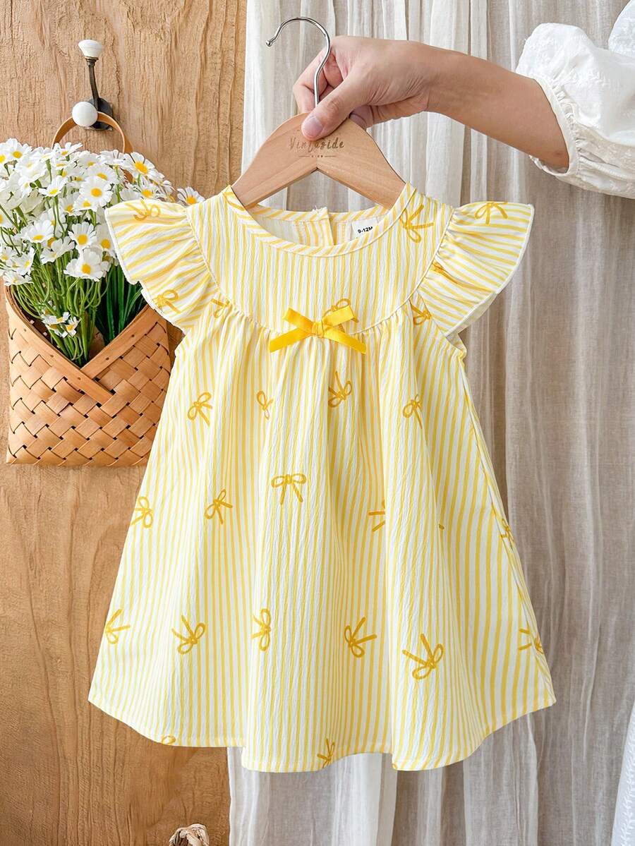 SHEIN Vintaside Kids Vestido para bebé niña pequeña/recién nacida 0-3 años primavera/verano casual versátil lindo dulce divertido con mangas de volantes - Amarillo - Ver 1