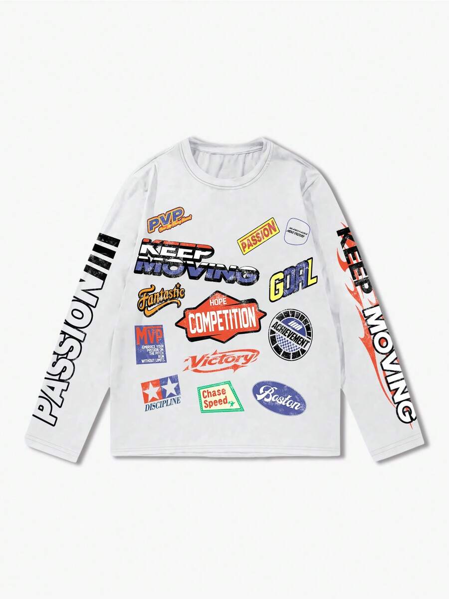 ROMWE MEN Street Life Men's Letter Print Long Sleeve T-Shirt, Suitable For Daily Wear In Spring And Summer - White - View 1