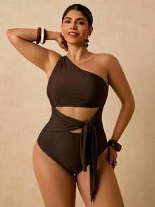 Travachic Plus Size Women's Solid Color Cutout Waist Knot One-Piece Swimsuit For Vacation Bathing Suit - Brown - View 7