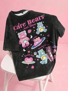 SHEIN X Care Bears Plus Size Cartoon Cute Print Short Sleeve Crew Neck T-Shirt, Versatile For Summer, Full Print - White - View 1