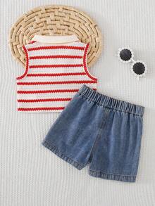 Cozy Pixies 女嬰幼兒女童彩色條紋 Polo 無袖背心套頭上衣、不對稱開衩裙褲短褲套裝，條紋短褲裙 2 件套，牛仔短褲裙套裝 - 紅白色 - 查看 2