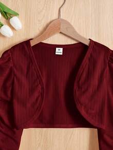 Shein 青少年女孩修身顯瘦優雅短版開襟夾克酒紅色 秋冬穿搭 - 酒紅色 - 查看 5