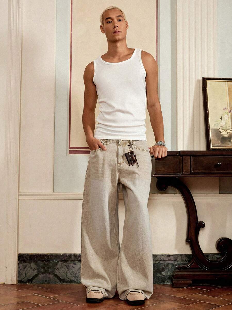 SWAVVY 男士休閒水洗直筒牛仔褲 - 卡其色 - 查看 1