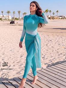 Veilorie Burkini vải phối màu gradient nữ cho đi biển nghỉ dưỡng - Màu xanh lam - Xem 3