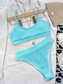 SHEIN Swim 2026女款夏季海灘純色性感時尚比基尼兩件式泳衣套裝 - 藍色 - 查看 6
