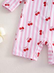 SHEIN Baby Girl Summer Vacation Striped Cherry Print Zipper Half-Open Shoulder One-Piece Swimsuit - Multicolor - View 5