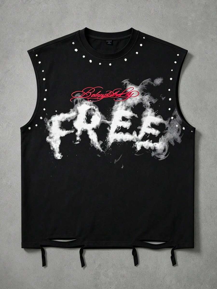 ROMWE MEN Street Life Vintage Street Distressed Sleeveless Round Neck Graphic Tank Top For Men - Black - View 1