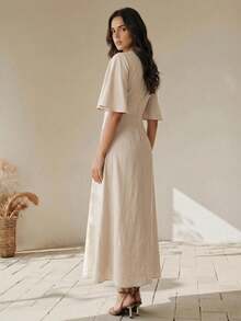 Anewsta 夏季女款圓領短袖重工刺繡杏色長版優雅洋裝，女款優雅洋裝，杏色洋裝 - 杏色 - 查看 2