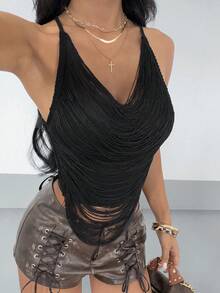 StreetHx Women's Sexy Tassel Backless Spaghetti Strap Black Tank Top Club Night Summer Halloween - Black - View 1