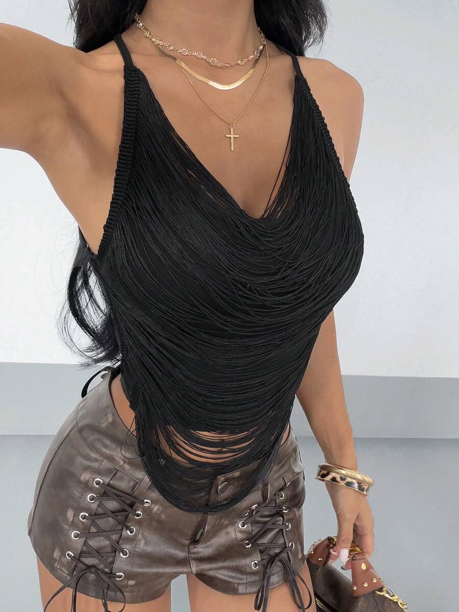 StreetHx Women's Sexy Tassel Backless Spaghetti Strap Black Tank Top Club Night Summer Halloween - Black - View 1
