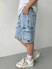 兒童青少年男孩工裝口袋寬鬆休閒牛仔短褲 開學假期淺藍色夏季 - 淺色水洗藍 - 查看 5