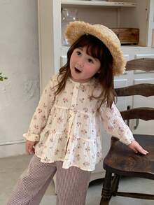 DAZY Baby Girl Round Neck All-Over Floral Print Long Sleeve Top Toddler Fall - Beige - View 5