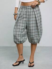 COUREZ Low Rise Balloon Cropped Parachute Trousers Adjustable Hem Y2K Casual Old Money 70's Inspired Capris For Women Summer Everyday Formal Work Grey Plaid - Multicolor - View 2
