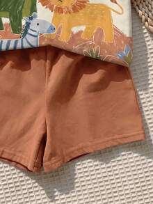 SHEIN LMoss Kids 男嬰休閒簡約上衣，適合春夏，經典可愛卡通蠟筆手繪獅子動物印花 - 彩色 - 查看 4