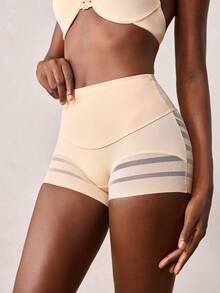 Veilyse 1pc Women High Waist Shaping Panties, Striped Lifting Mesh Waist Slimming Pants, Abdomen Control Flat Belly Shapewear Shorts - Apricot - View 4