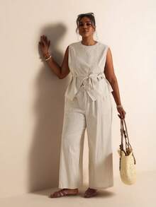 Elaquor Set casual da 2 pezzi da donna taglie forti con blusa a tinta unita con collo rotondo e laccio in vita e pantaloni - Albicocca - Visualizzare 3
