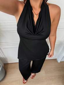 SHEIN EZwear 黑色休閒女款大尺碼垂領掛脖背心上衣與長褲套裝 - 杏色 - 查看 7