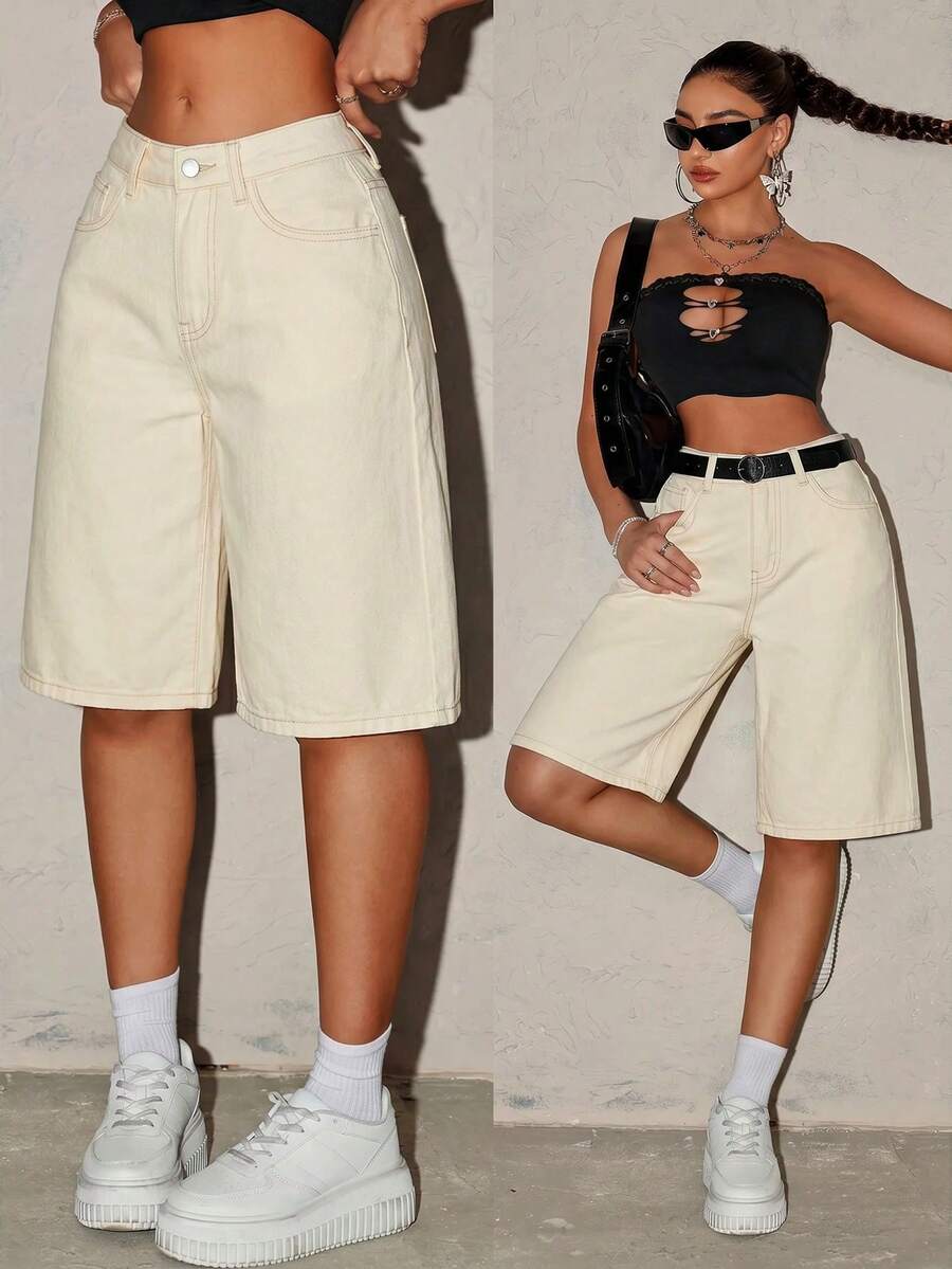 SHEIN Tall 女款夏季休閒寬鬆牛仔短褲 - 米色 - 查看 1